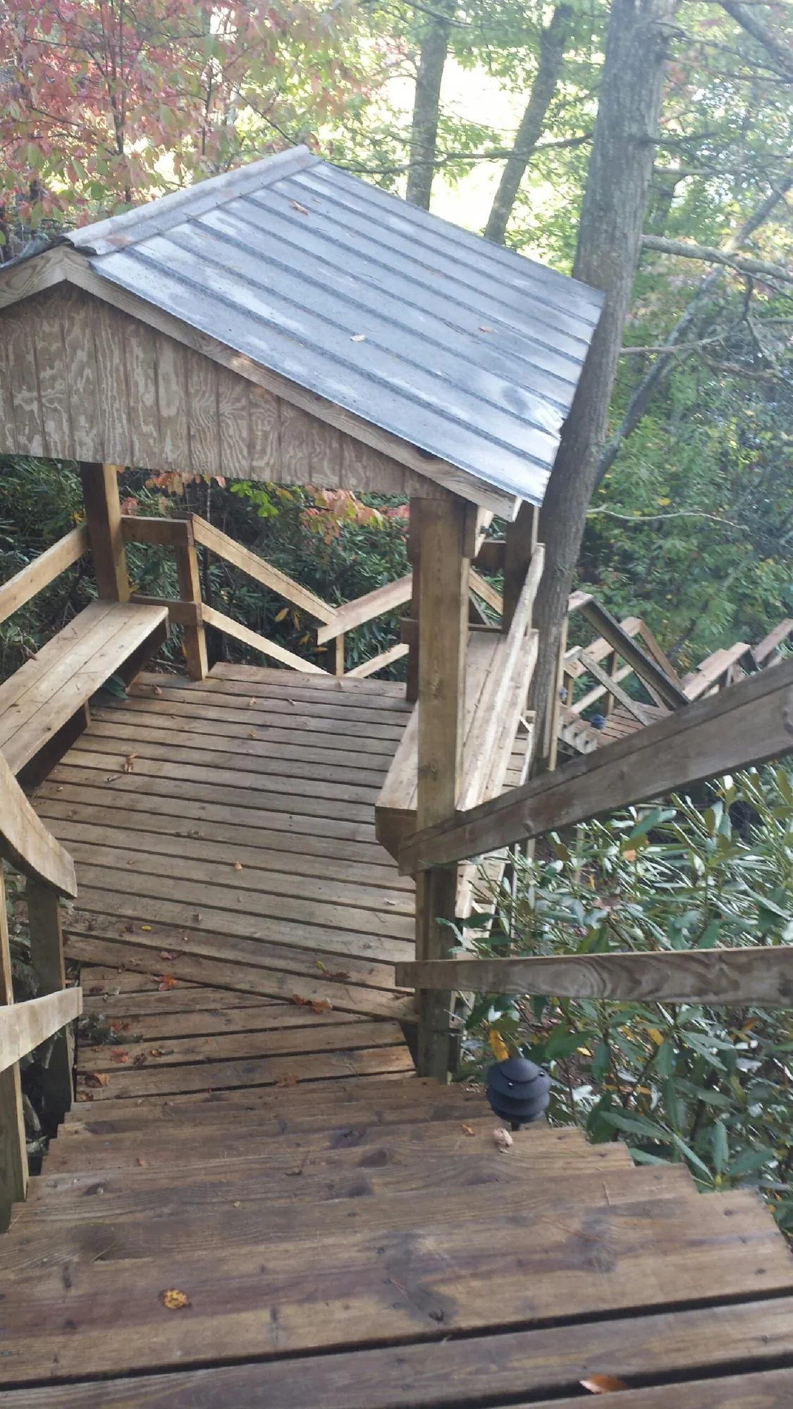 Metal roofed shelter over wooden steps on a wooded walkway — Skylight Repair & Installation work by our crew in Hotchkiss